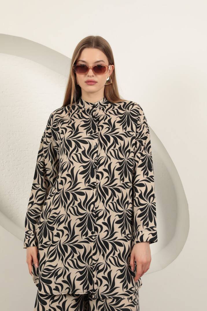 Viskon Kumaş Desenli Kadın Takım-Bej - 4