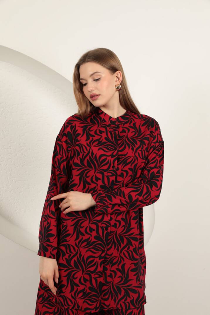 Viskon Kumaş Desenli Kadın Takım-Bordo - 3