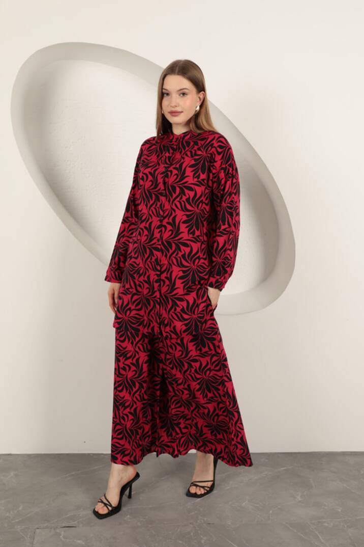 Viskon Kumaş Desenli Kadın Takım-Fuşya - 1