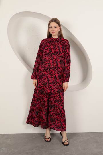 Viskon Kumaş Desenli Kadın Takım-Fuşya - 2