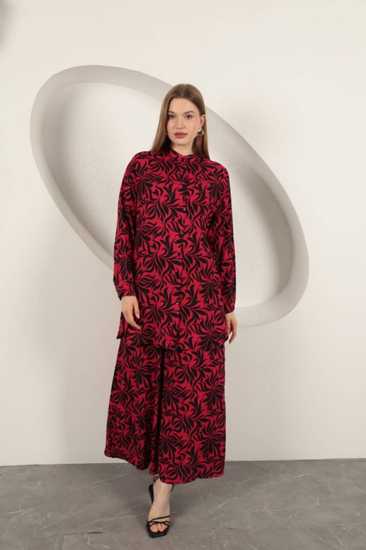 Viskon Kumaş Desenli Kadın Takım-Fuşya - 3