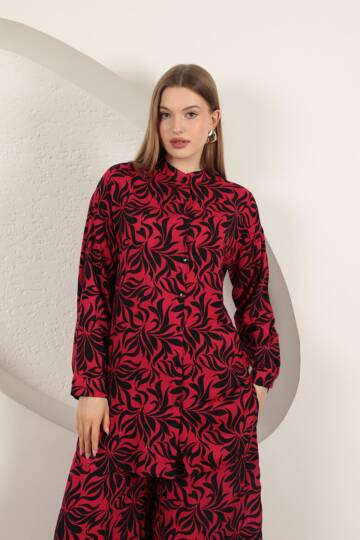 Viskon Kumaş Desenli Kadın Takım-Fuşya - 4