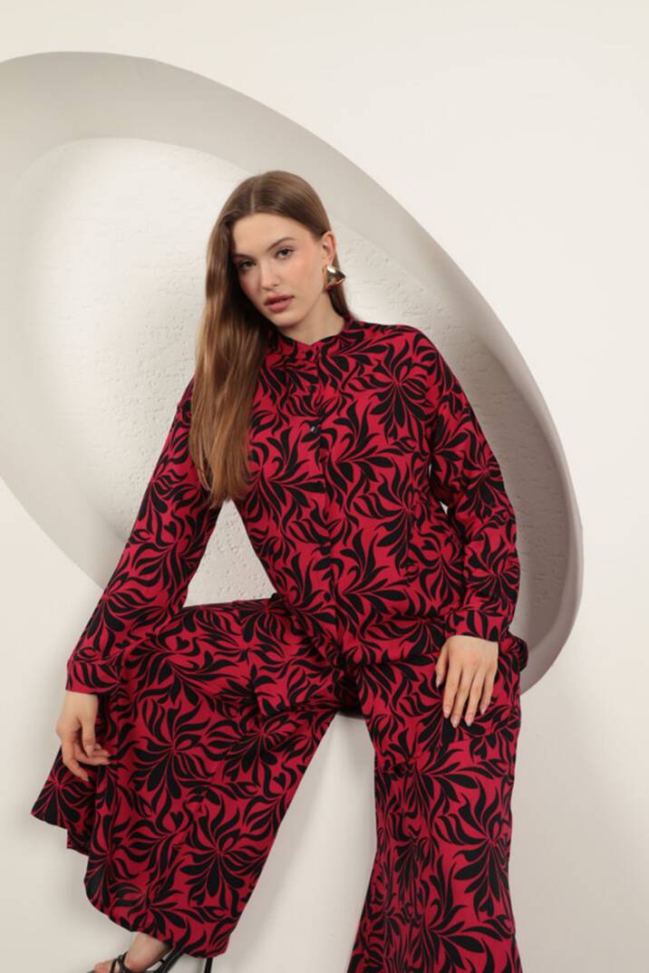 Viskon Kumaş Desenli Kadın Takım-Fuşya - 5