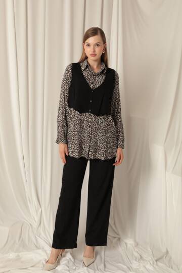 Viskon Kumaş Yelekli Kadın Çıtır Leopar Gömlek - 2