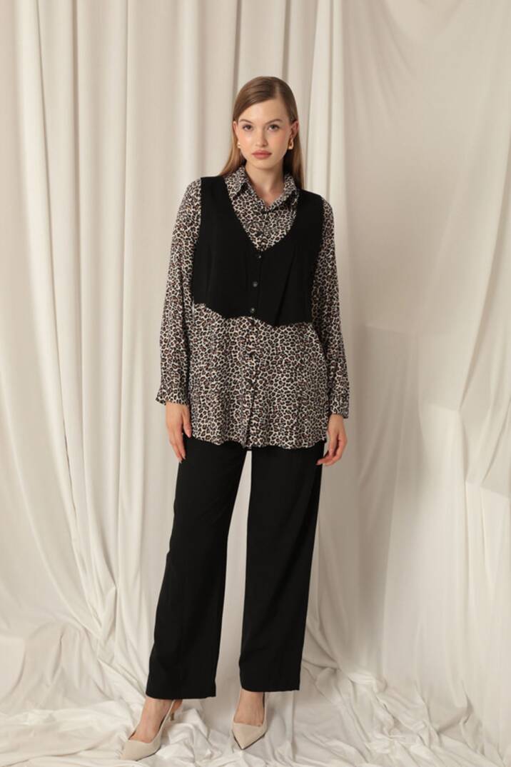 Viskon Kumaş Yelekli Kadın Çıtır Leopar Gömlek - 2