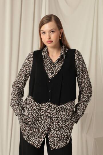 Viskon Kumaş Yelekli Kadın Çıtır Leopar Gömlek - 3