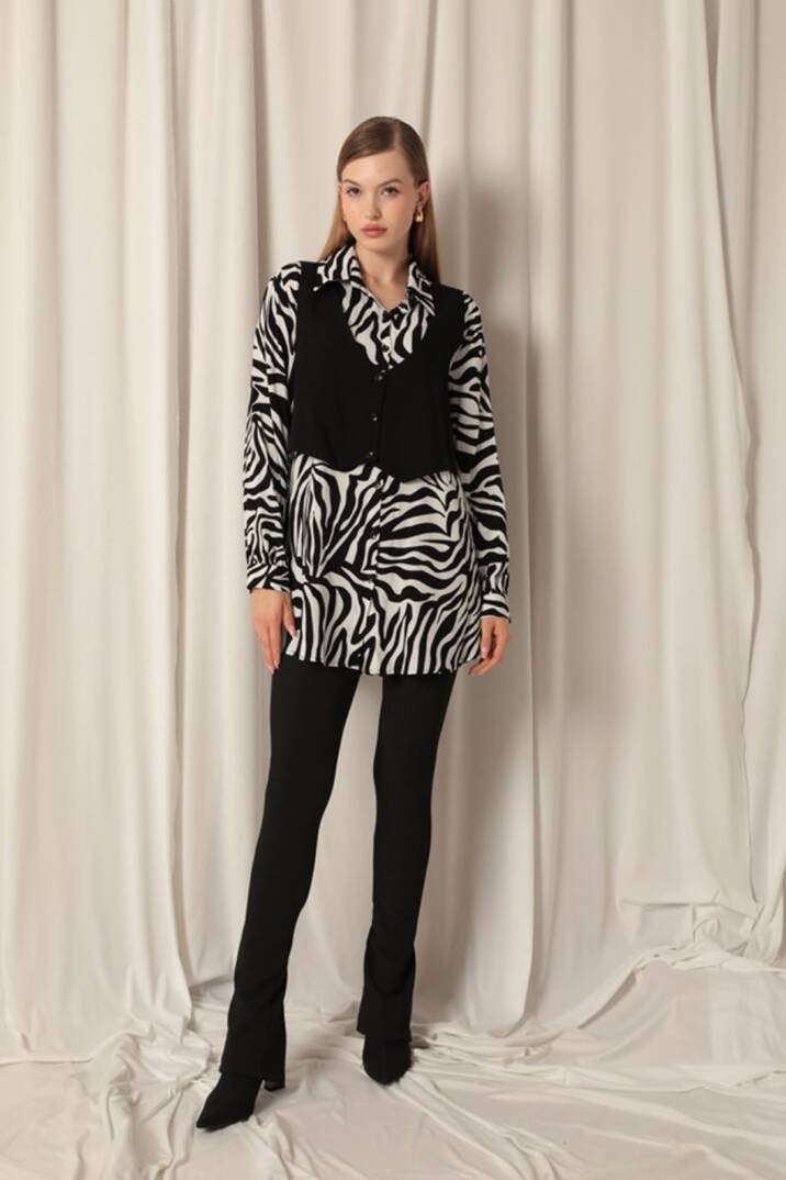 Viskon Kumaş Yelekli Kadın Zebra Gömlek - 2