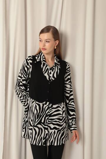 Viskon Kumaş Yelekli Kadın Zebra Gömlek - 3