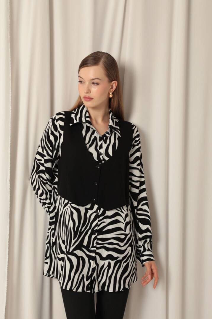 Viskon Kumaş Yelekli Kadın Zebra Gömlek - 3