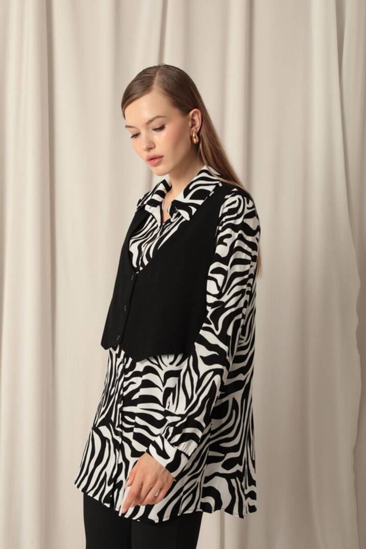 Viskon Kumaş Yelekli Kadın Zebra Gömlek - 4