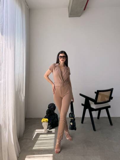 Yakalı Beli Kemerli Tulum - 4