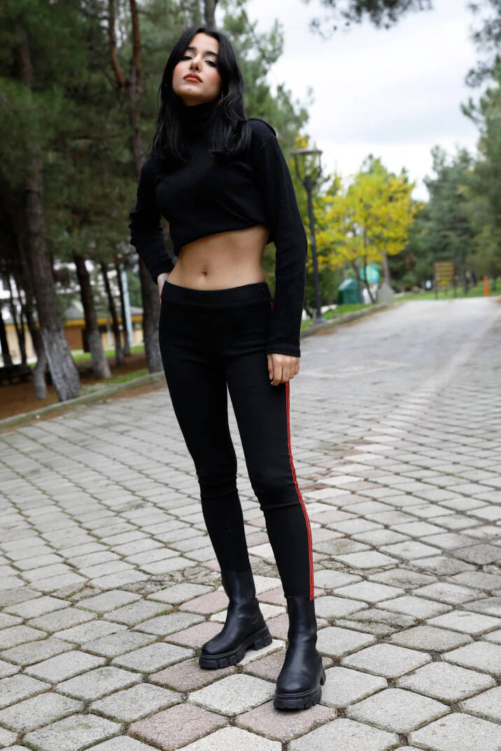 Yan Çift Şeritli Ribana Tayt Siyah - P-020258 - 1