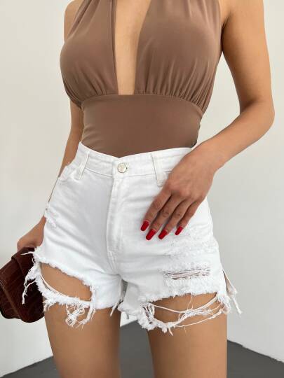 Yıkamalı Lazer Yırtıklı Mini Denim Şort - 3