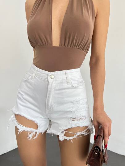 Yıkamalı Lazer Yırtıklı Mini Denim Şort - 4