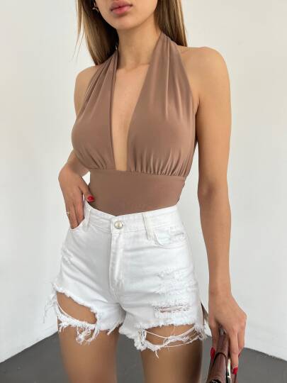 Yıkamalı Lazer Yırtıklı Mini Denim Şort - 5