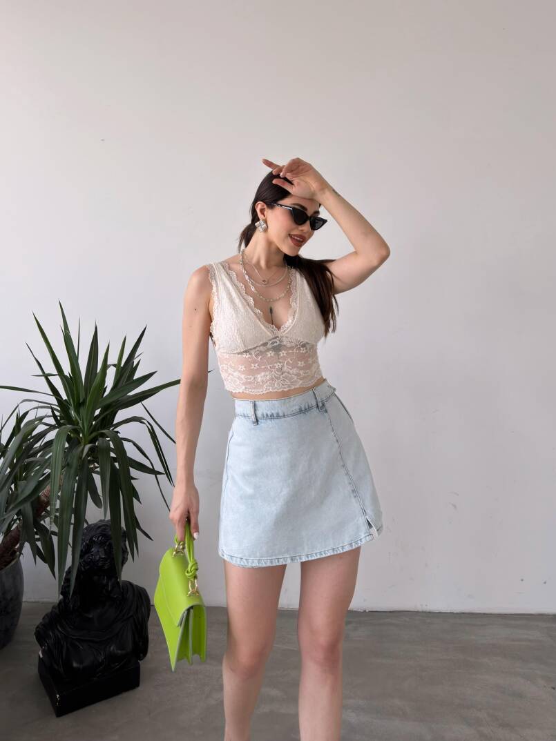 Yırtmaç Detaylı Denim Şort Etek - 1