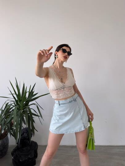 Yırtmaç Detaylı Denim Şort Etek - 3