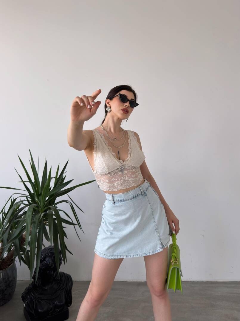 Yırtmaç Detaylı Denim Şort Etek - 3