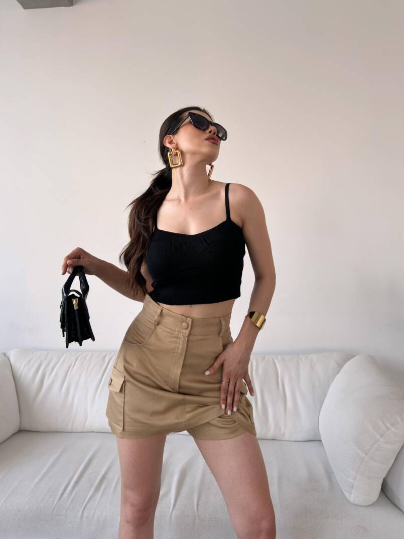 Yüksek Bel Cep Detaylı Gabardin Şort Etek - 3
