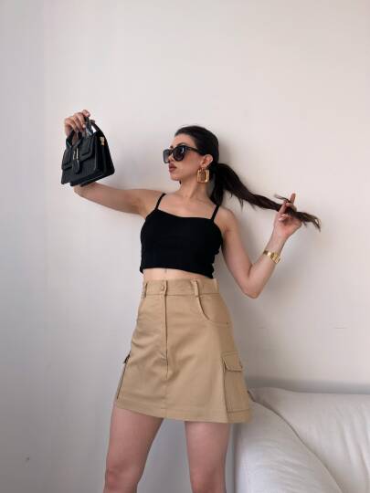 Yüksek Bel Cep Detaylı Gabardin Şort Etek - 4