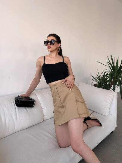 Yüksek Bel Cep Detaylı Gabardin Şort Etek - 5
