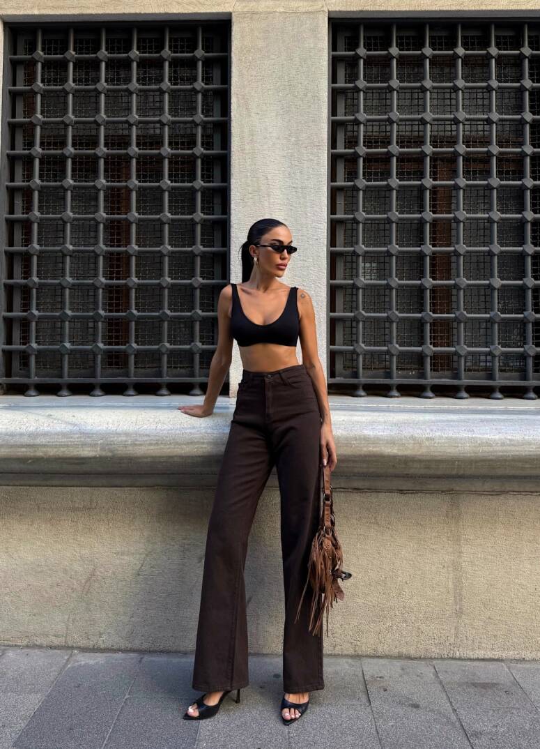 Yüksek Bel İspanyol Paça Denim Pantolon - 1