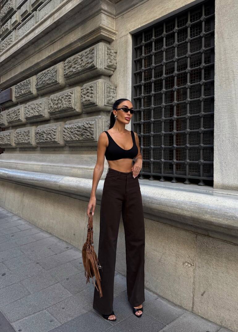 Yüksek Bel İspanyol Paça Denim Pantolon - 5