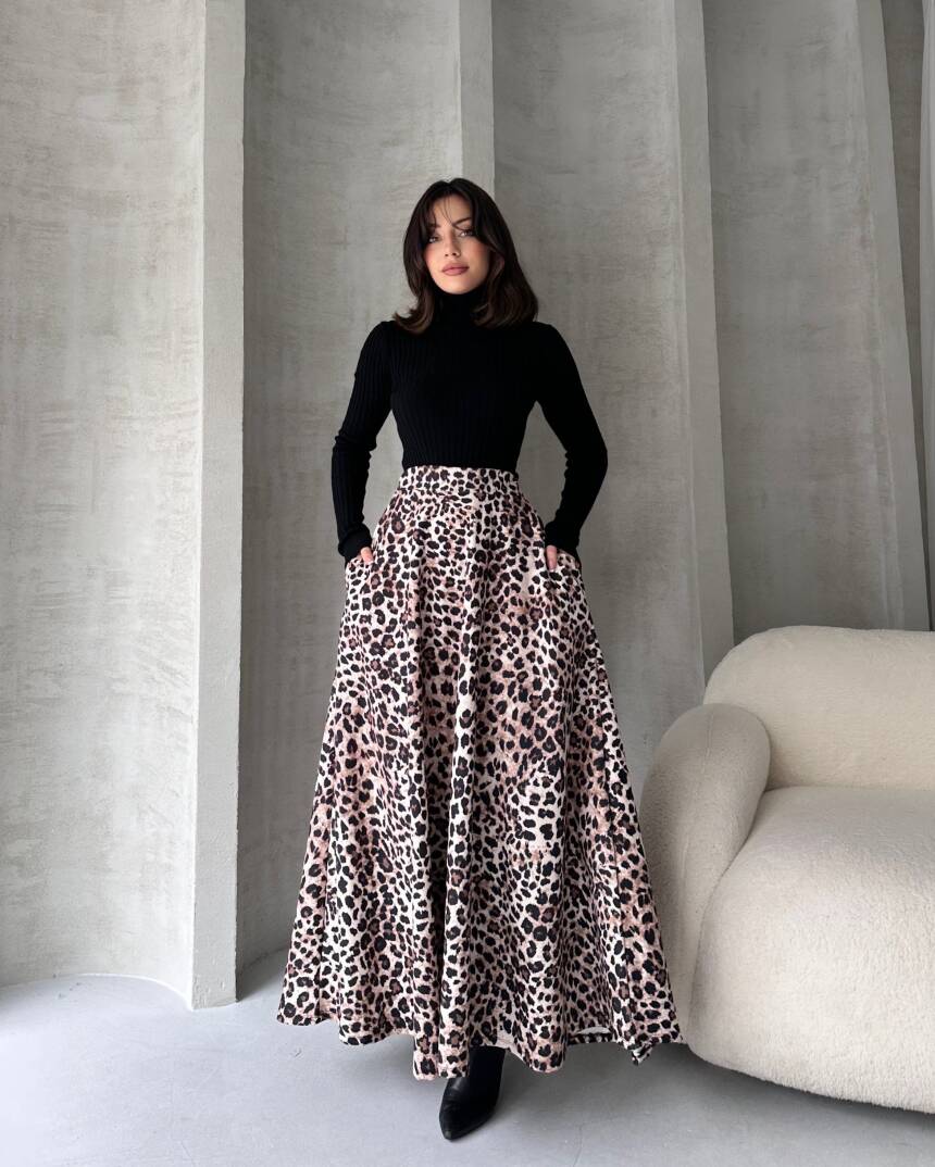 Yüksek Bel Leopar Desenli Çan Etek - 1