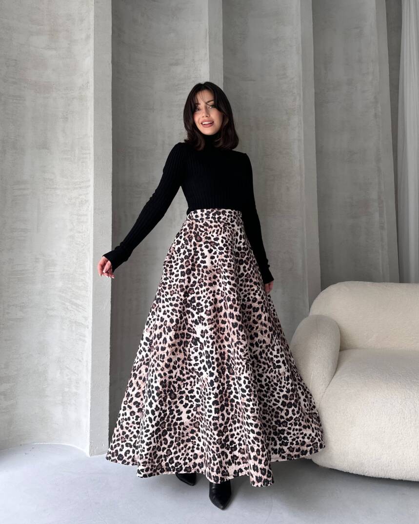 Yüksek Bel Leopar Desenli Çan Etek - 2