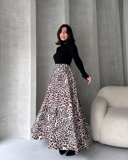 Yüksek Bel Leopar Desenli Çan Etek - 3