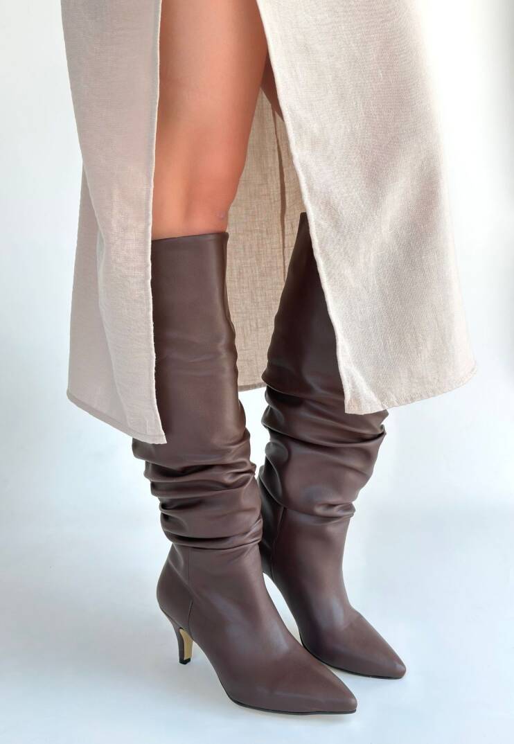 Zelya Kahverengi Cilt Topuklu Çizme - 1